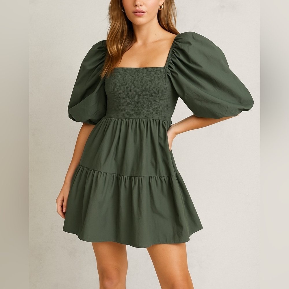 ✨ Elegant Green Puff-Sleeve Dress • Modern Fit & Romantic Volume 💚